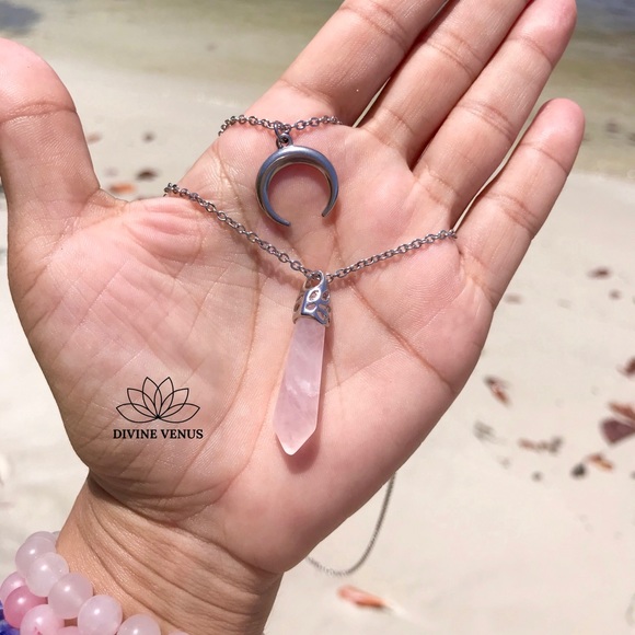 Rose Quartz Crescent Moon Layered Necklace - Picture 6 of 15